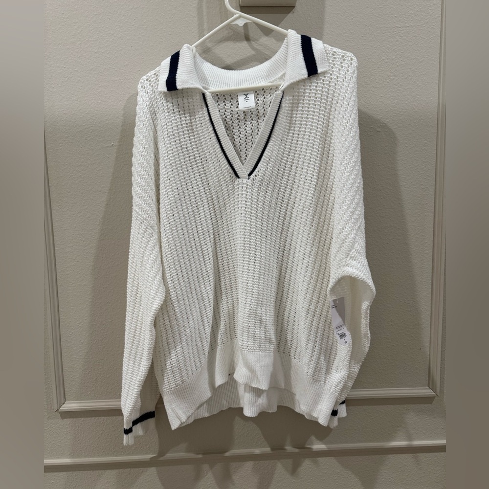 NWT Xersion White Crochet V-Neck Collared preppy Tennis Sweater Size XL